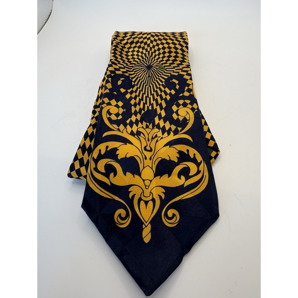 Vintage 90s V2 by Versace Silk Tie Navy Gold Baroque Geometric Made Italy